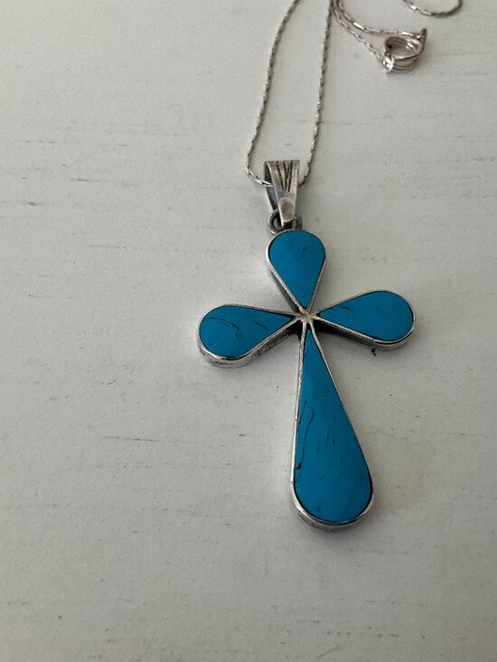 Handmade Jewelry - Vintage 925 silver and turquoise cross with chain